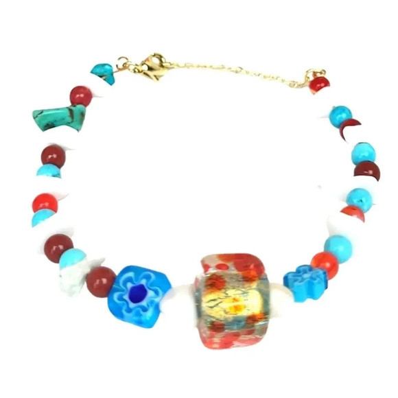 14k Gold Plated Turquoise Foil Lined Lampwork Ruby Jade Red Jasper Bracelet - Picture 2 of 2